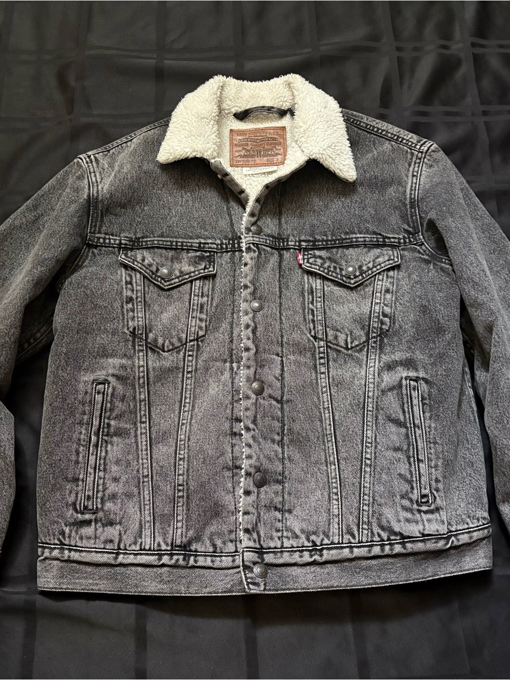 Levi's Premium Sherpa Trucker Jacket Mens Small Black Denim Fleece Lined Coat
